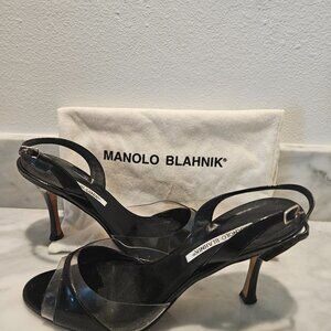 Manolo Blahnik Black Patent & Clear Strap High‑Heel Sandals